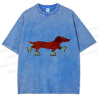 Unisex Roller Skating Dachshund Dog Printed Washed Tee