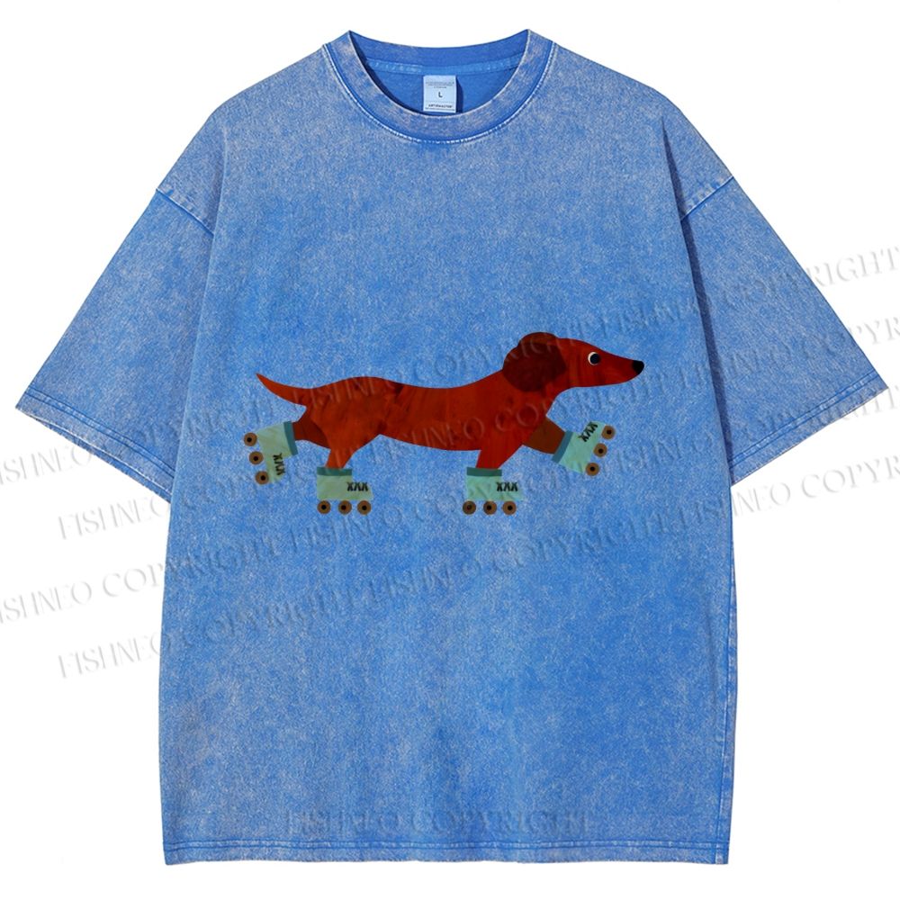 Unisex Roller Skating Dachshund Dog Printed Washed Tee