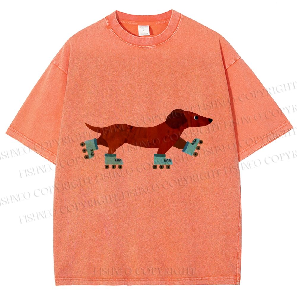 Unisex Roller Skating Dachshund Dog Printed Washed Tee