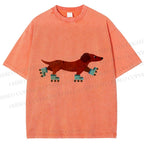 Unisex Roller Skating Dachshund Dog Printed Washed Tee