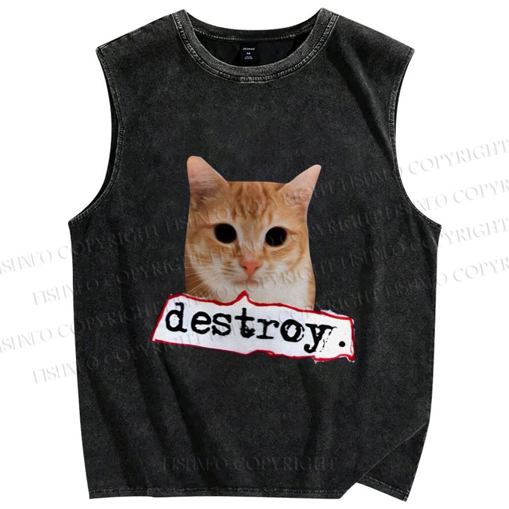 Unisex Cat Destroy the World Printed Washed Tank Top