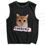 Unisex Cat Destroy the World Printed Washed Tank Top