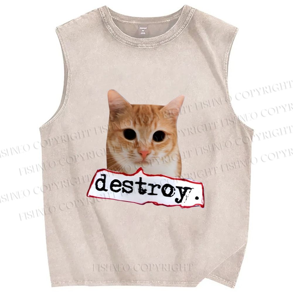 Unisex Cat Destroy the World Printed Washed Tank Top