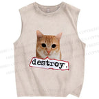 Unisex Cat Destroy the World Printed Washed Tank Top