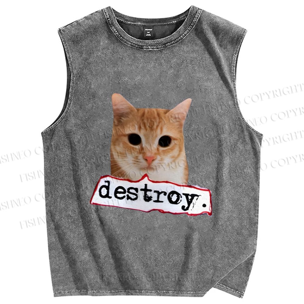 Unisex Cat Destroy the World Printed Washed Tank Top
