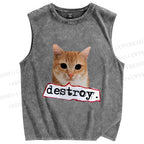 Unisex Cat Destroy the World Printed Washed Tank Top