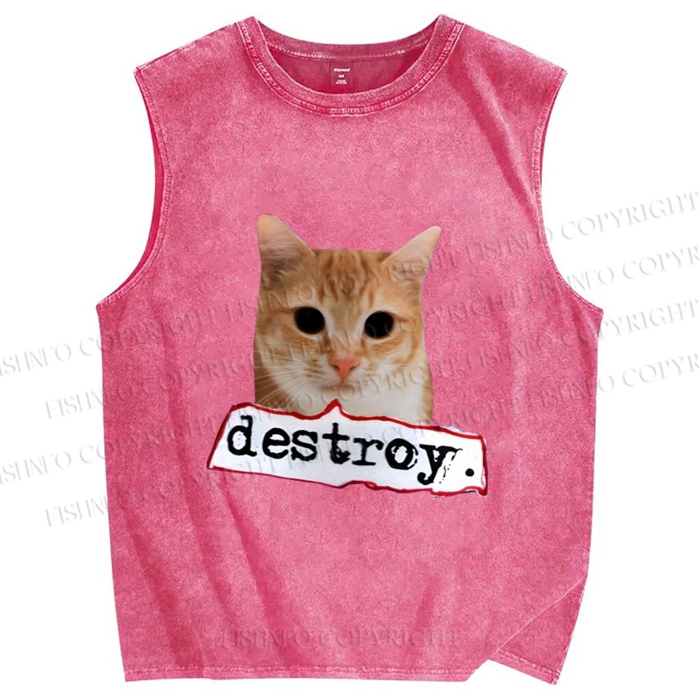 Unisex Cat Destroy the World Printed Washed Tank Top