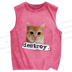 Unisex Cat Destroy the World Printed Washed Tank Top