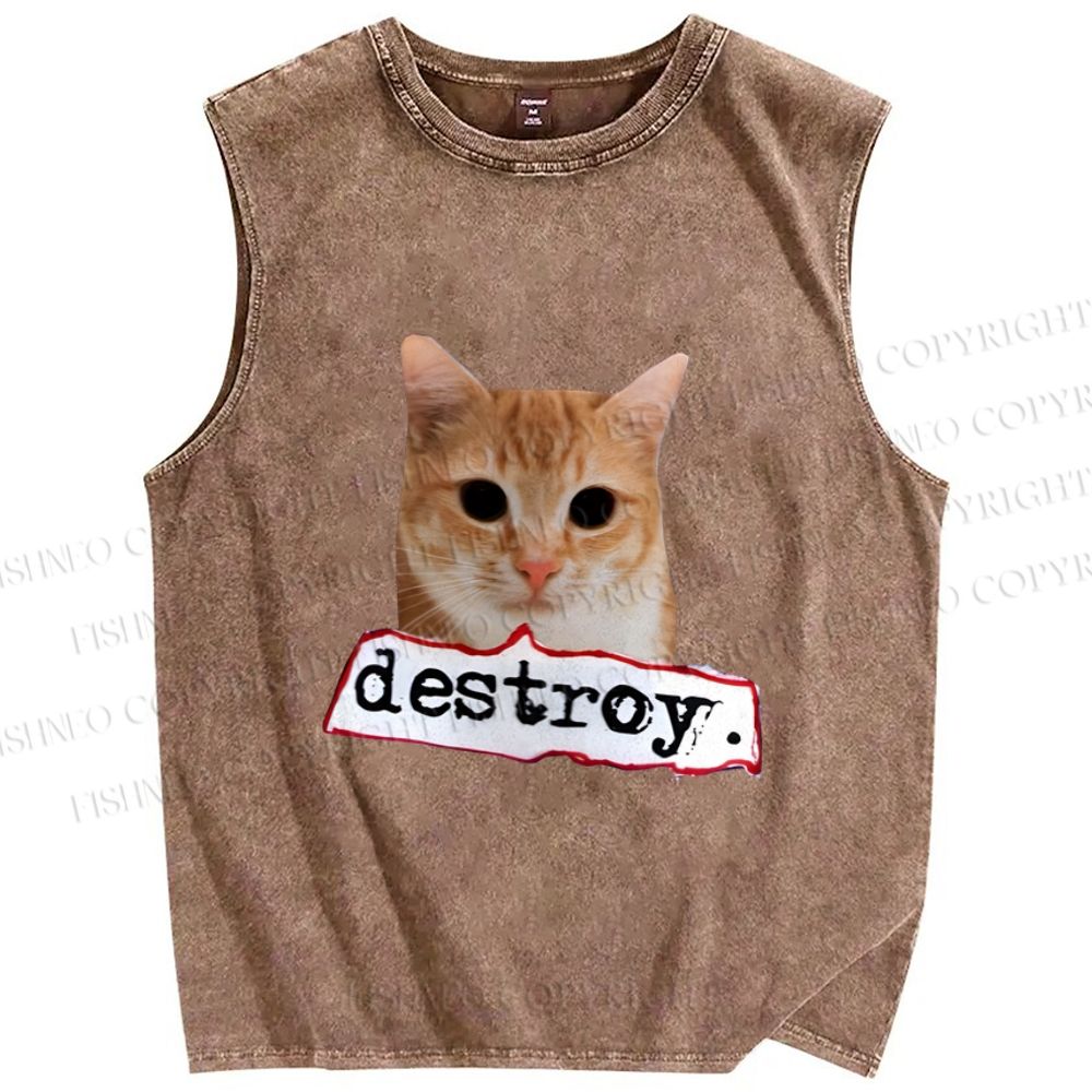 Unisex Cat Destroy the World Printed Washed Tank Top