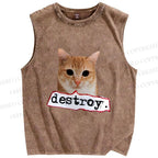 Unisex Cat Destroy the World Printed Washed Tank Top