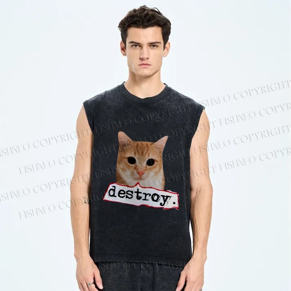 Unisex Cat Destroy the World Printed Washed Tank Top
