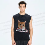 Unisex Cat Destroy the World Printed Washed Tank Top
