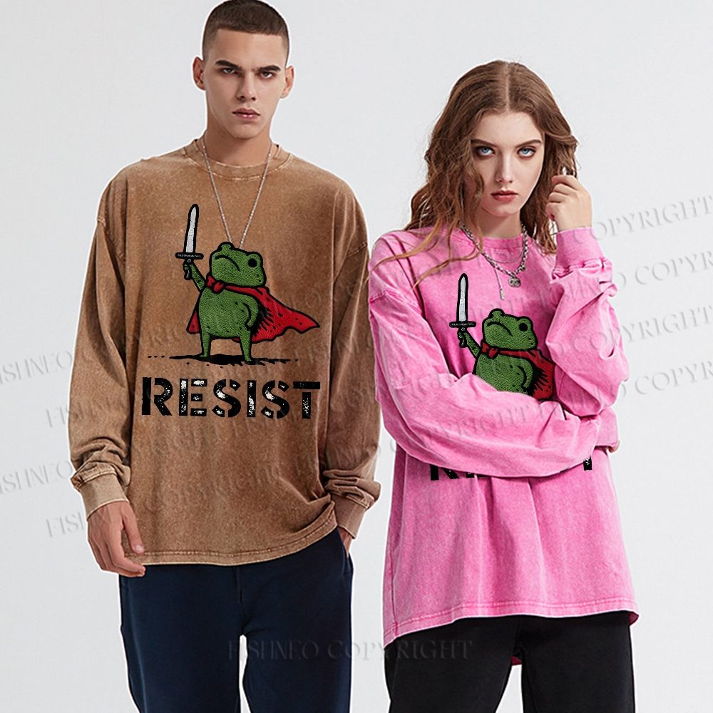 Unisex Casual Washed Resist Frog Printed Long Sleeve T-shirt