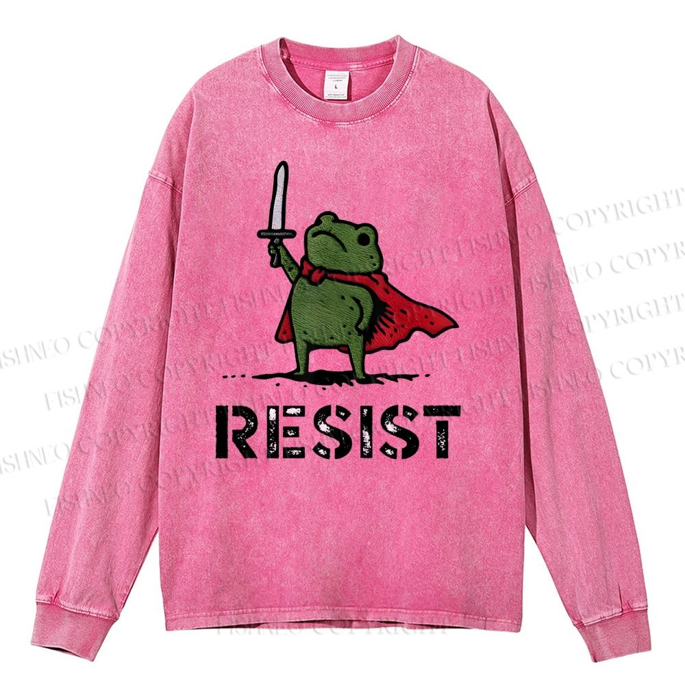 Unisex Casual Washed Resist Frog Printed Long Sleeve T-shirt