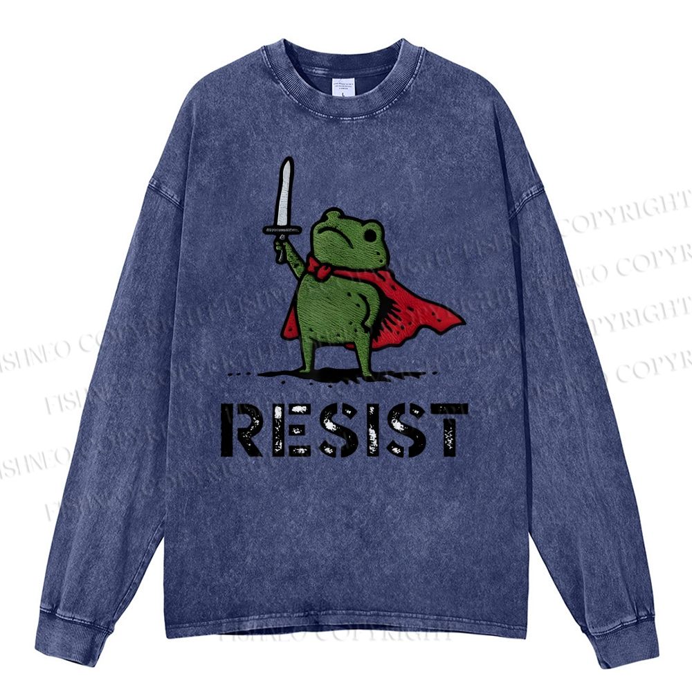 Unisex Casual Washed Resist Frog Printed Long Sleeve T-shirt