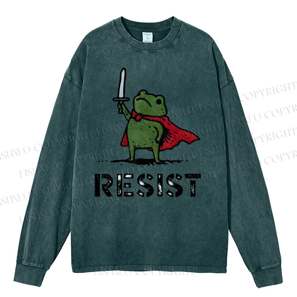 Unisex Casual Washed Resist Frog Printed Long Sleeve T-shirt
