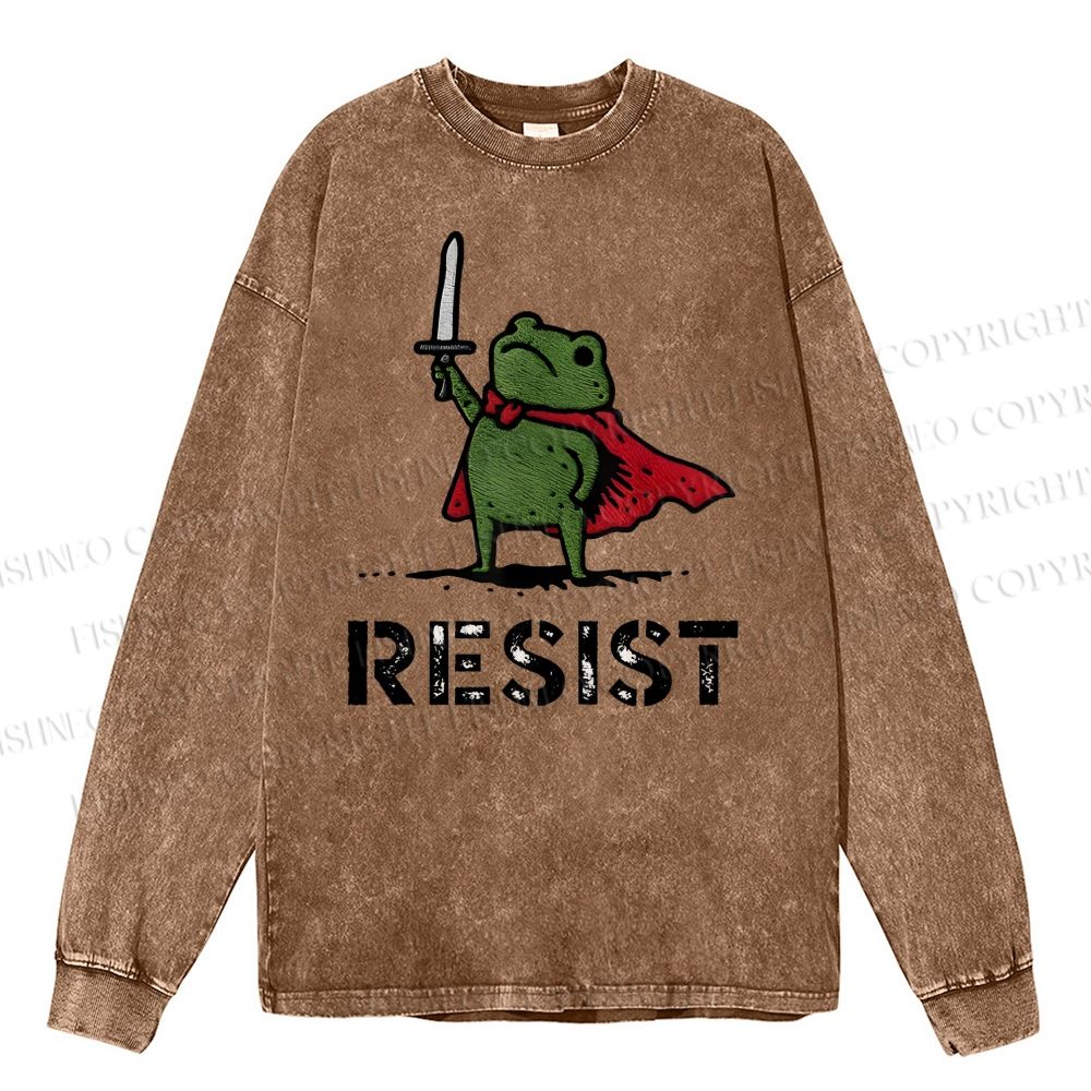 Unisex Casual Washed Resist Frog Printed Long Sleeve T-shirt