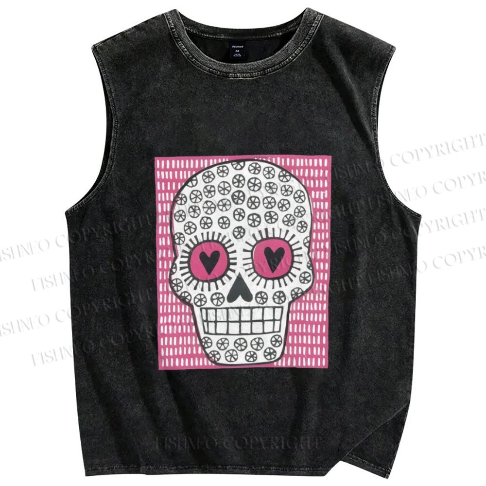Unisex Pink Heart Skull Printed Washed Tank Top