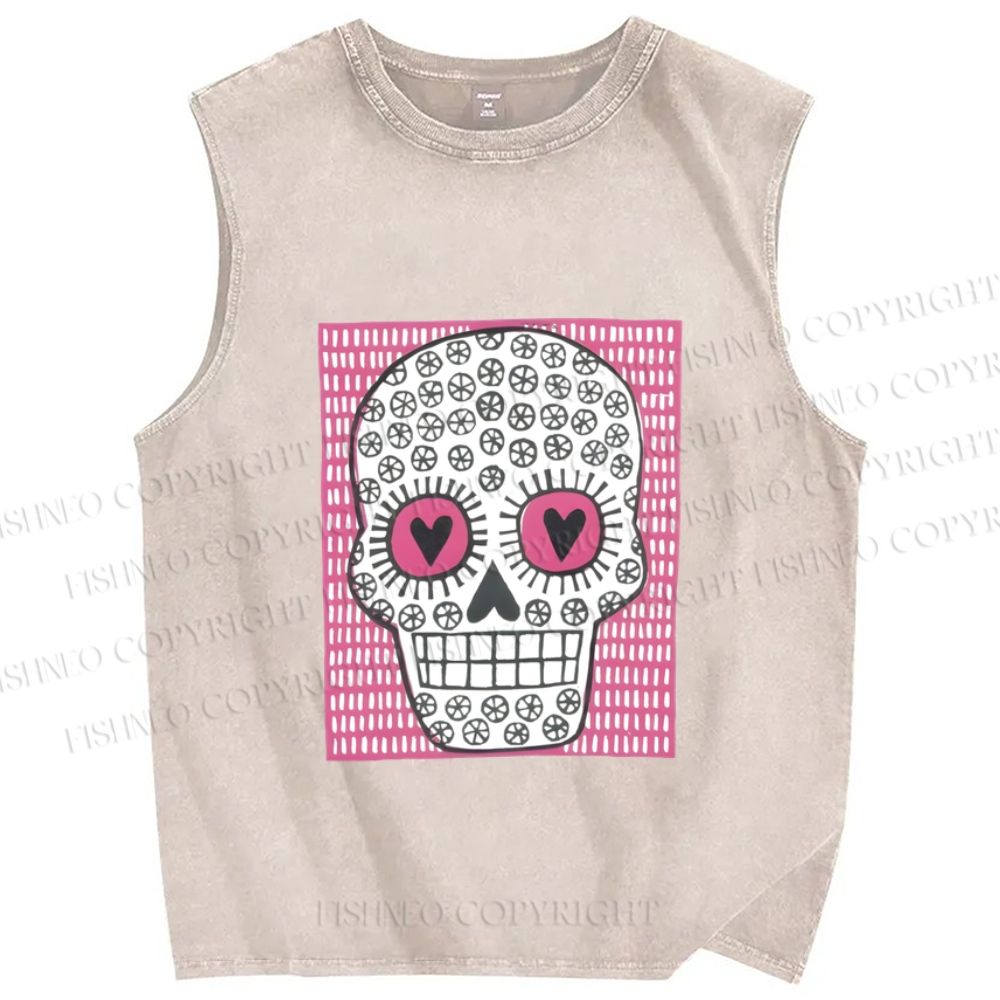 Unisex Pink Heart Skull Printed Washed Tank Top