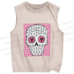 Unisex Pink Heart Skull Printed Washed Tank Top