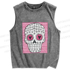Unisex Pink Heart Skull Printed Washed Tank Top