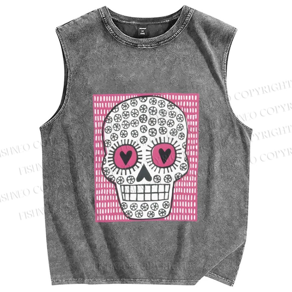 Unisex Pink Heart Skull Printed Washed Tank Top