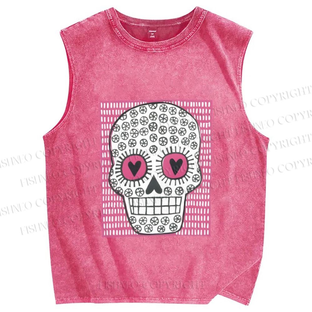 Unisex Pink Heart Skull Printed Washed Tank Top