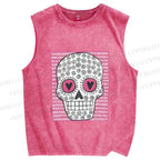 Unisex Pink Heart Skull Printed Washed Tank Top