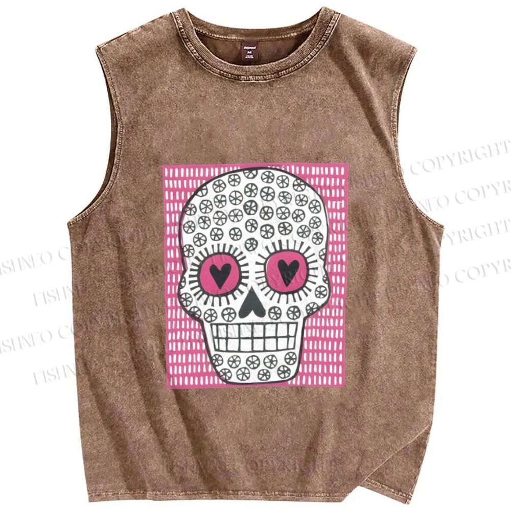 Unisex Pink Heart Skull Printed Washed Tank Top