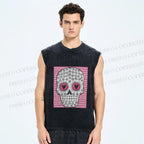 Unisex Pink Heart Skull Printed Washed Tank Top