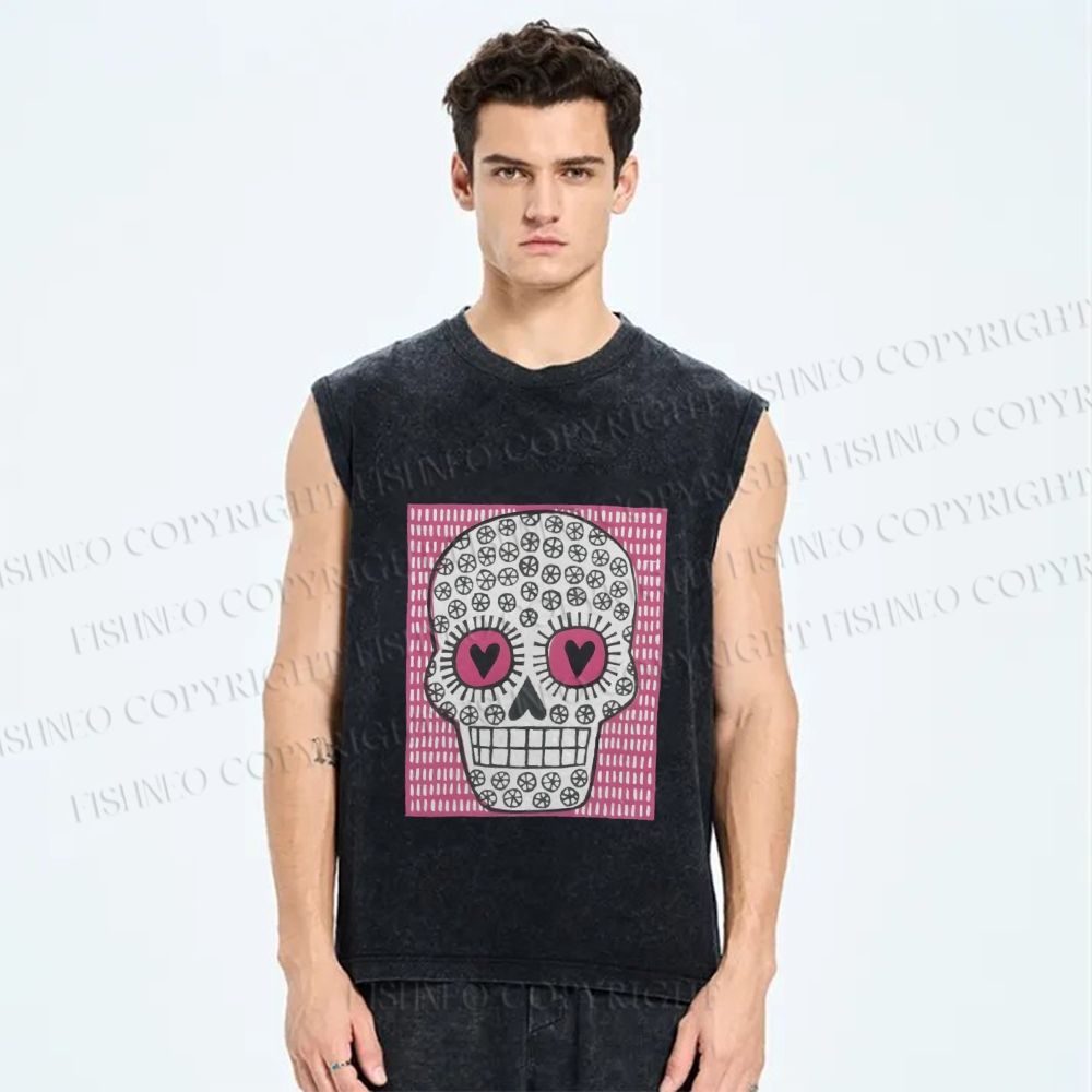 Unisex Pink Heart Skull Printed Washed Tank Top
