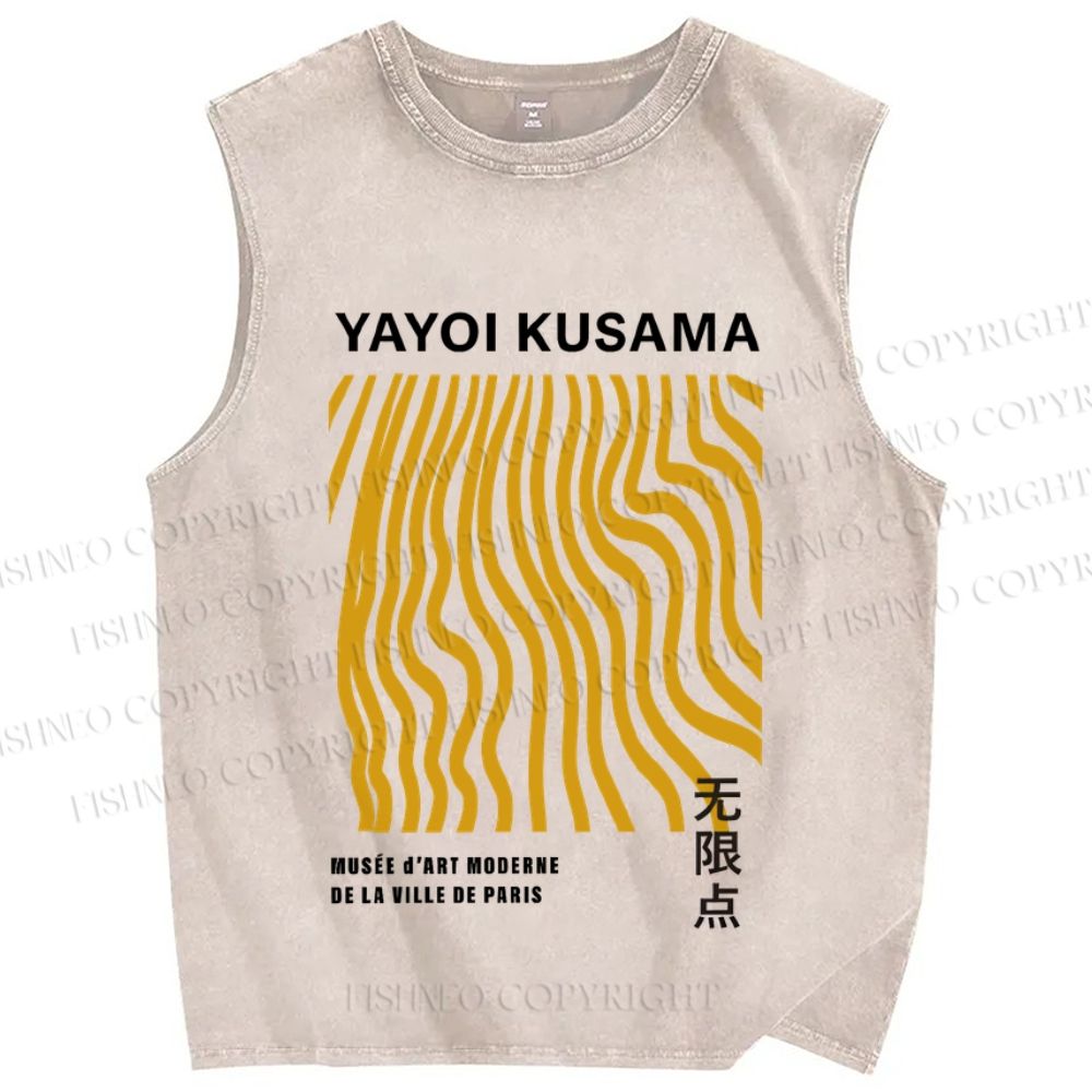 Unisex Yayoi Kusama Yellow Lines Printed Washed Tank Top