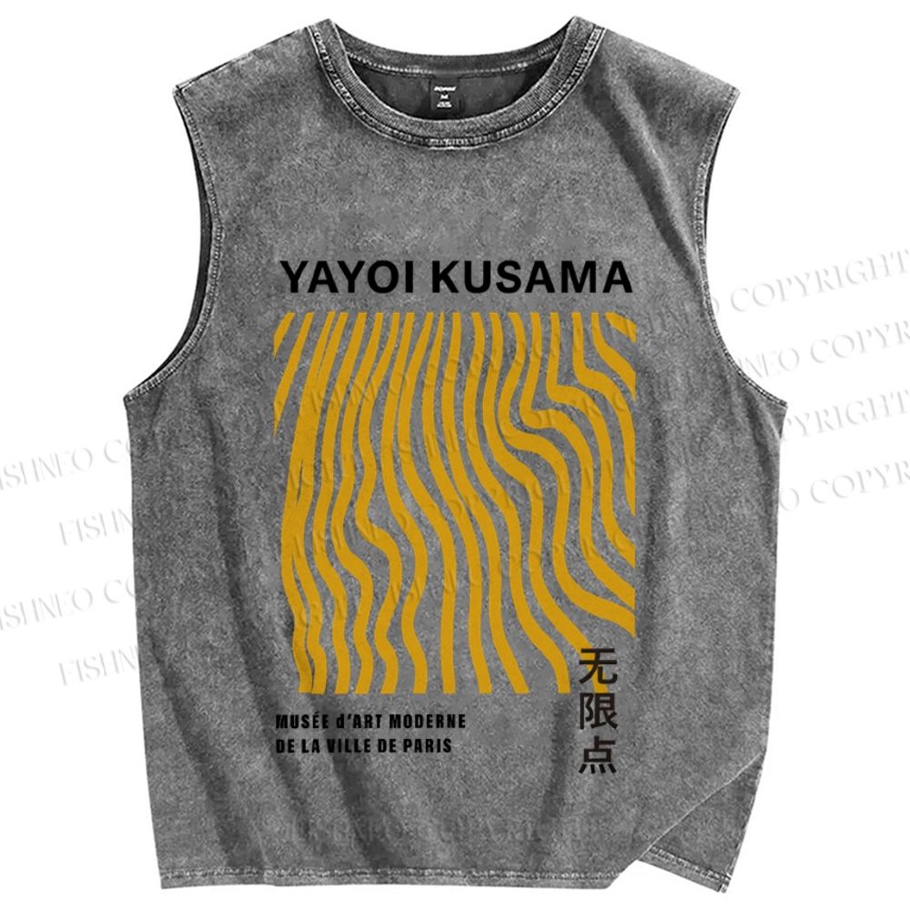 Unisex Yayoi Kusama Yellow Lines Printed Washed Tank Top