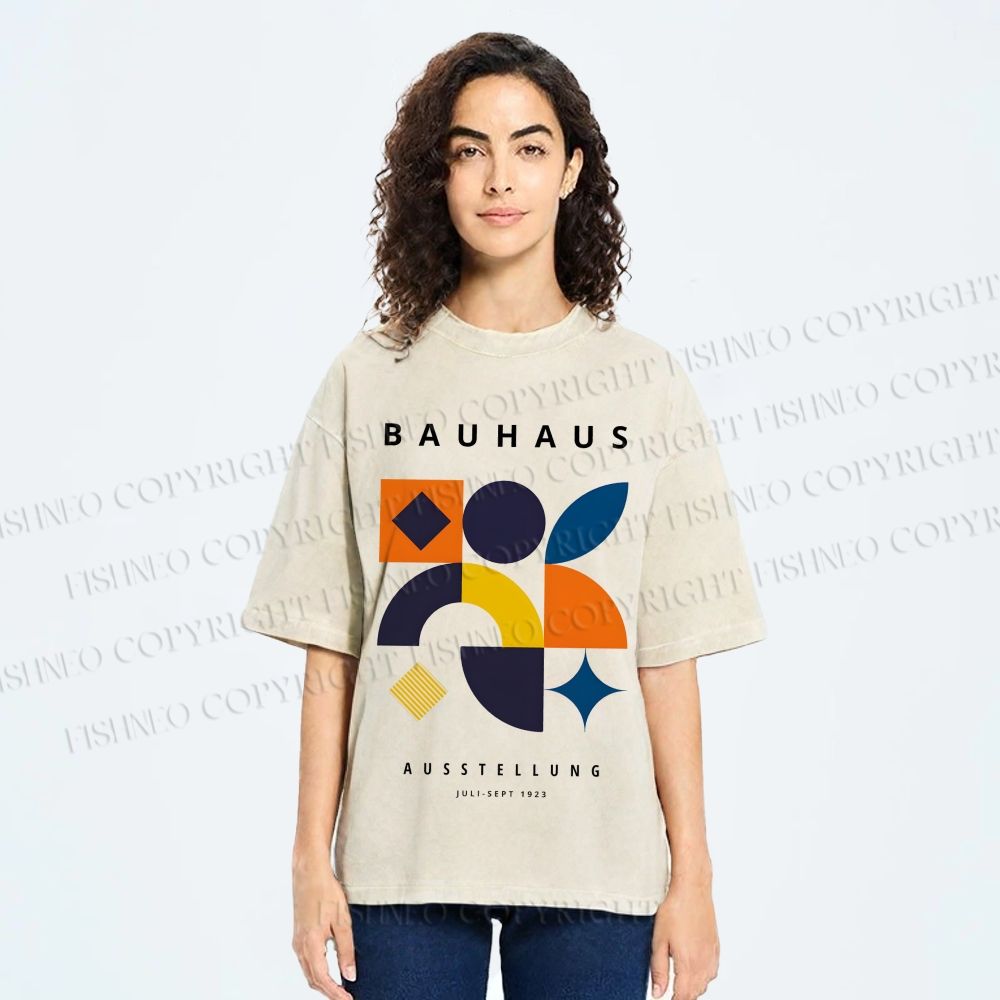Unisex Bauhaus Geometric Patchwork Printed Washed Tee