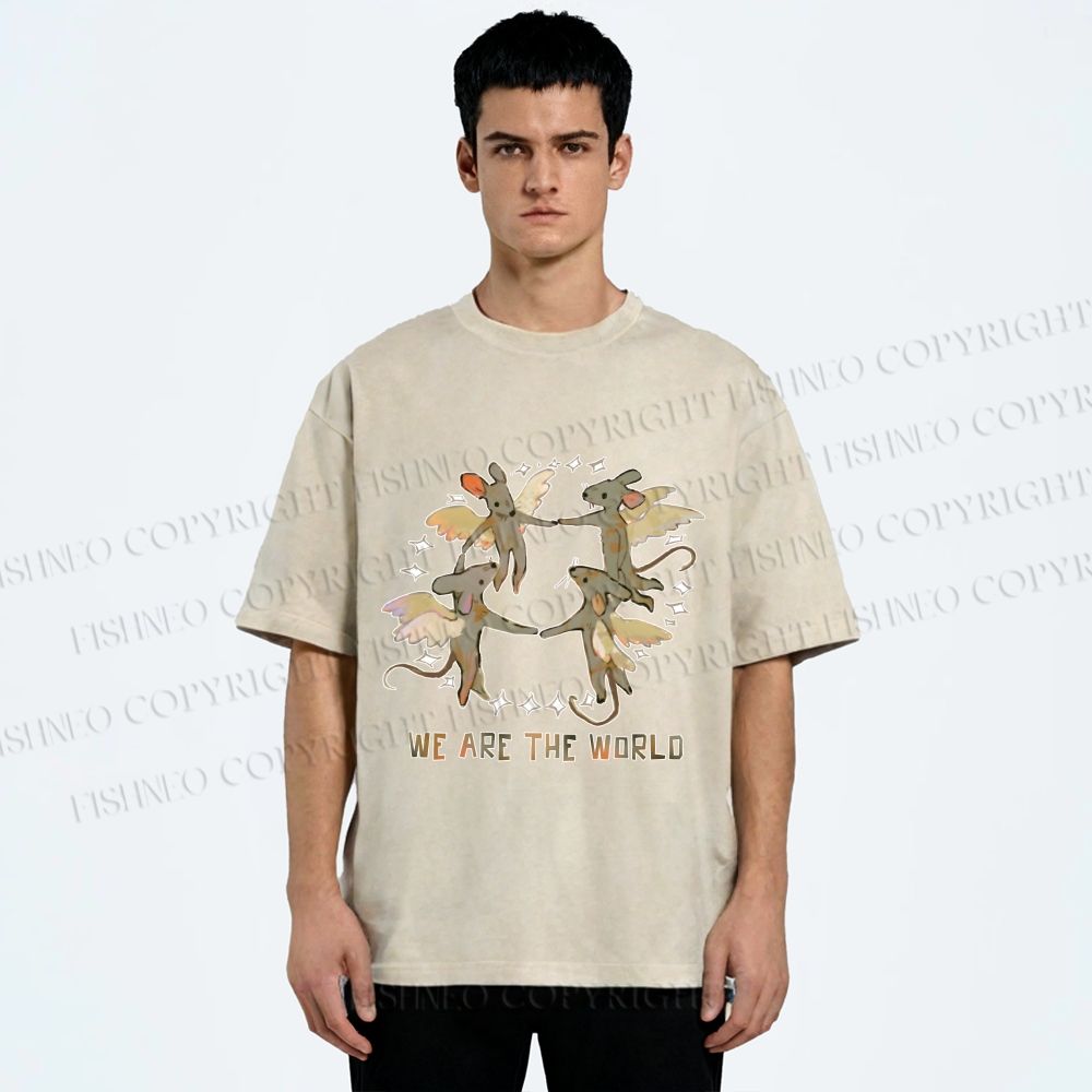 Unisex Rats We Are the World Printed Washed Tee