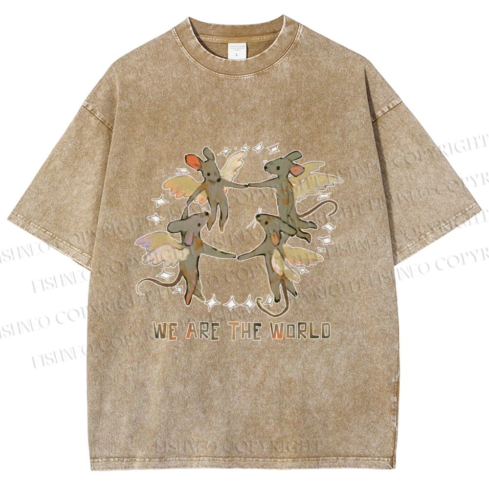 Unisex Rats We Are the World Printed Washed Tee