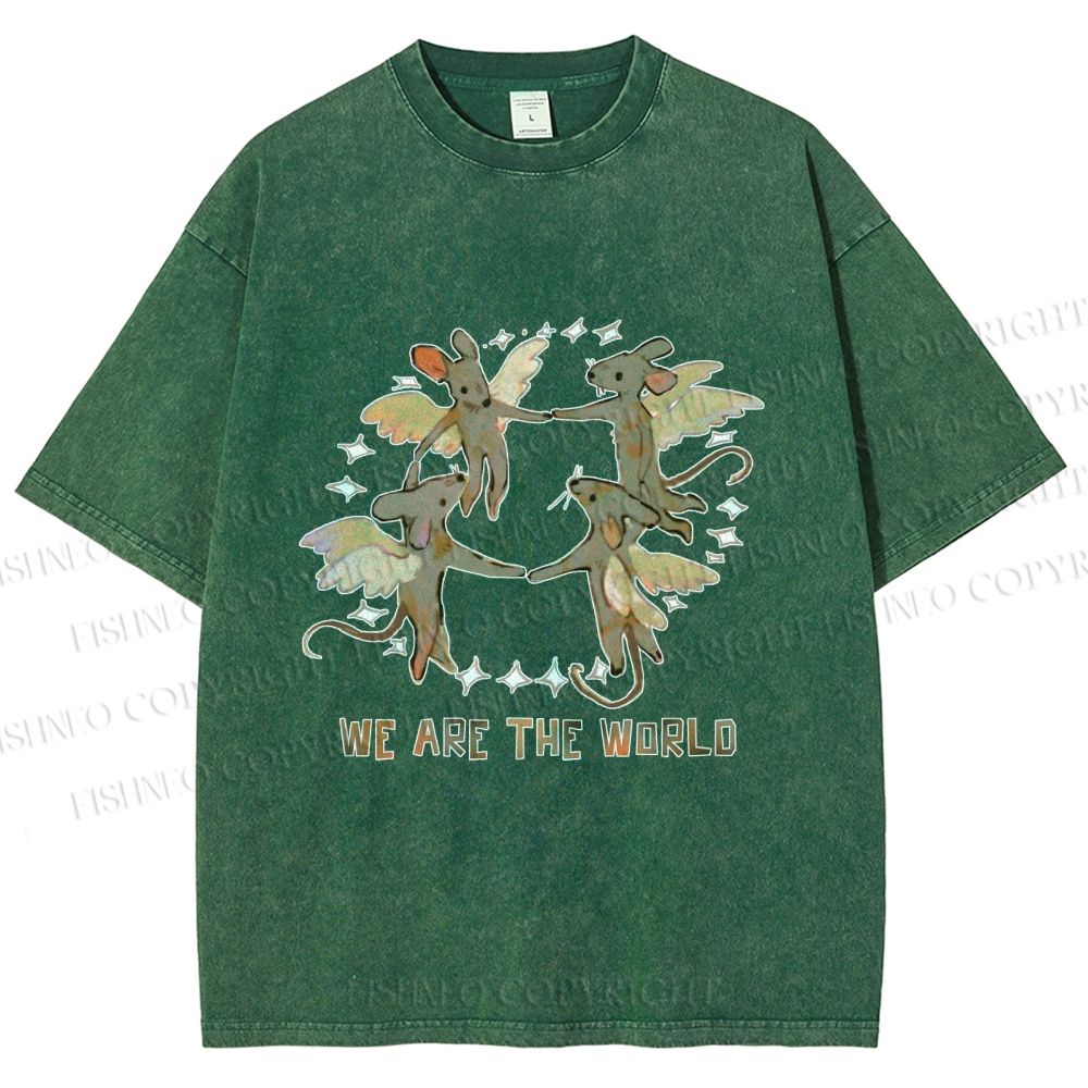 Unisex Rats We Are the World Printed Washed Tee