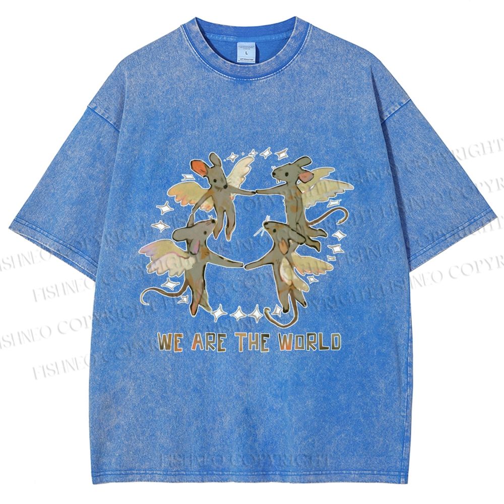 Unisex Rats We Are the World Printed Washed Tee