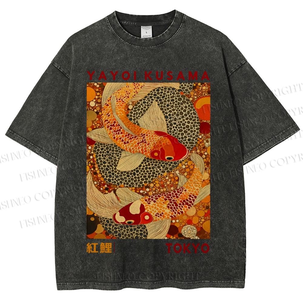 Unisex Yayoi Kusama Japanese Koi Fish Printed Washed Tee