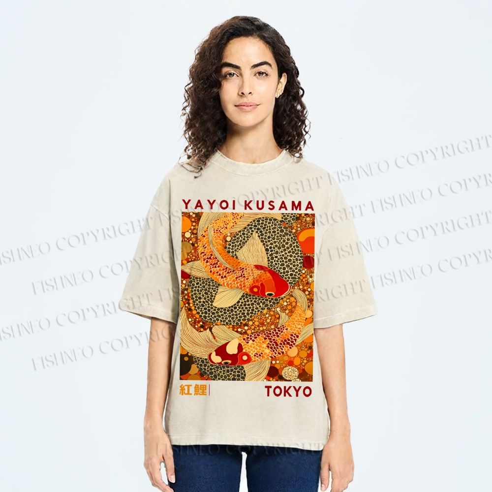 Unisex Yayoi Kusama Japanese Koi Fish Printed Washed Tee