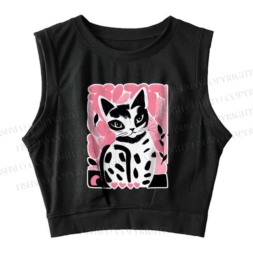 Pink Cat Sleeveless Crop Tops