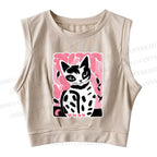 Pink Cat Sleeveless Crop Tops