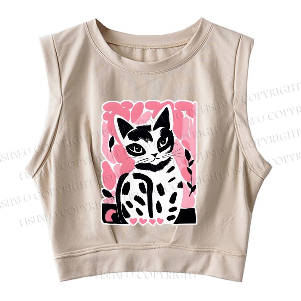 Pink Cat Sleeveless Crop Tops