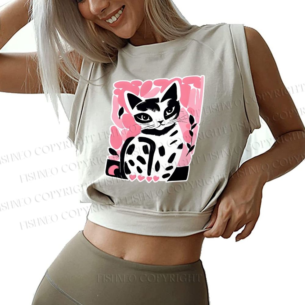 Pink Cat Sleeveless Crop Tops