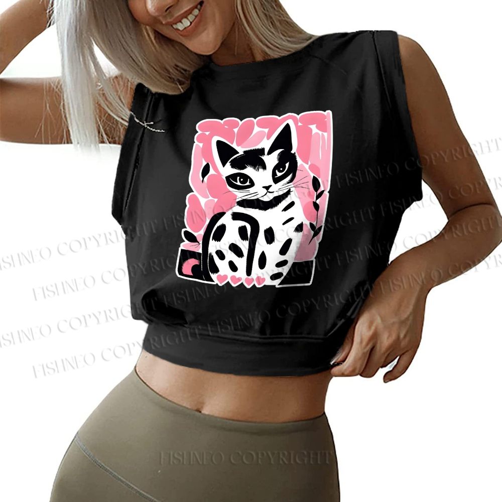 Pink Cat Sleeveless Crop Tops