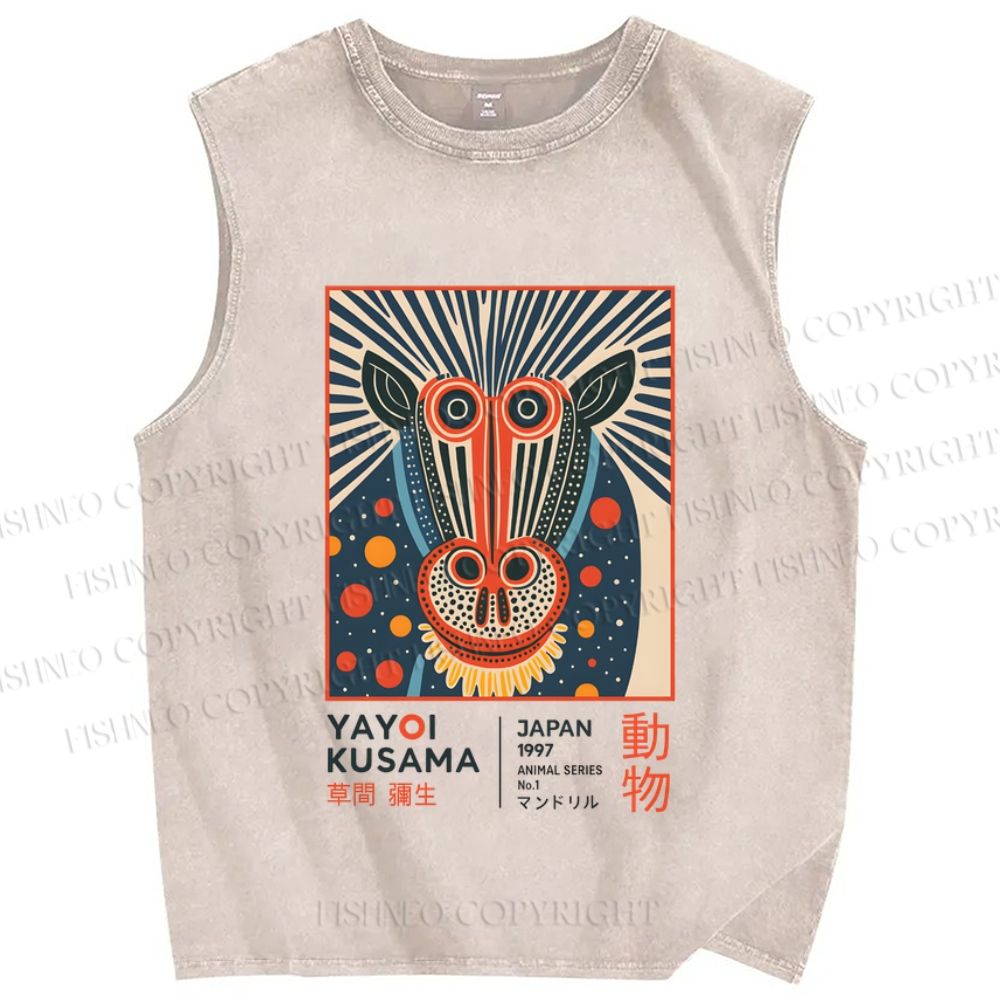 Unisex Yayoi Kusama Artistic Monkey Printed Washed Tank Top