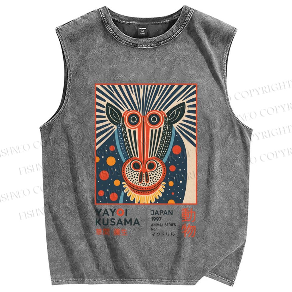 Unisex Yayoi Kusama Artistic Monkey Printed Washed Tank Top
