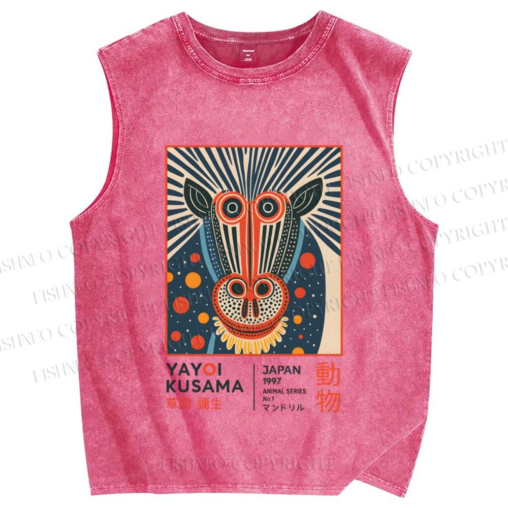 Unisex Yayoi Kusama Artistic Monkey Printed Washed Tank Top