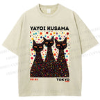 Unisex Yayoi Kusama Black Cats With Dots Printed Washed Tee