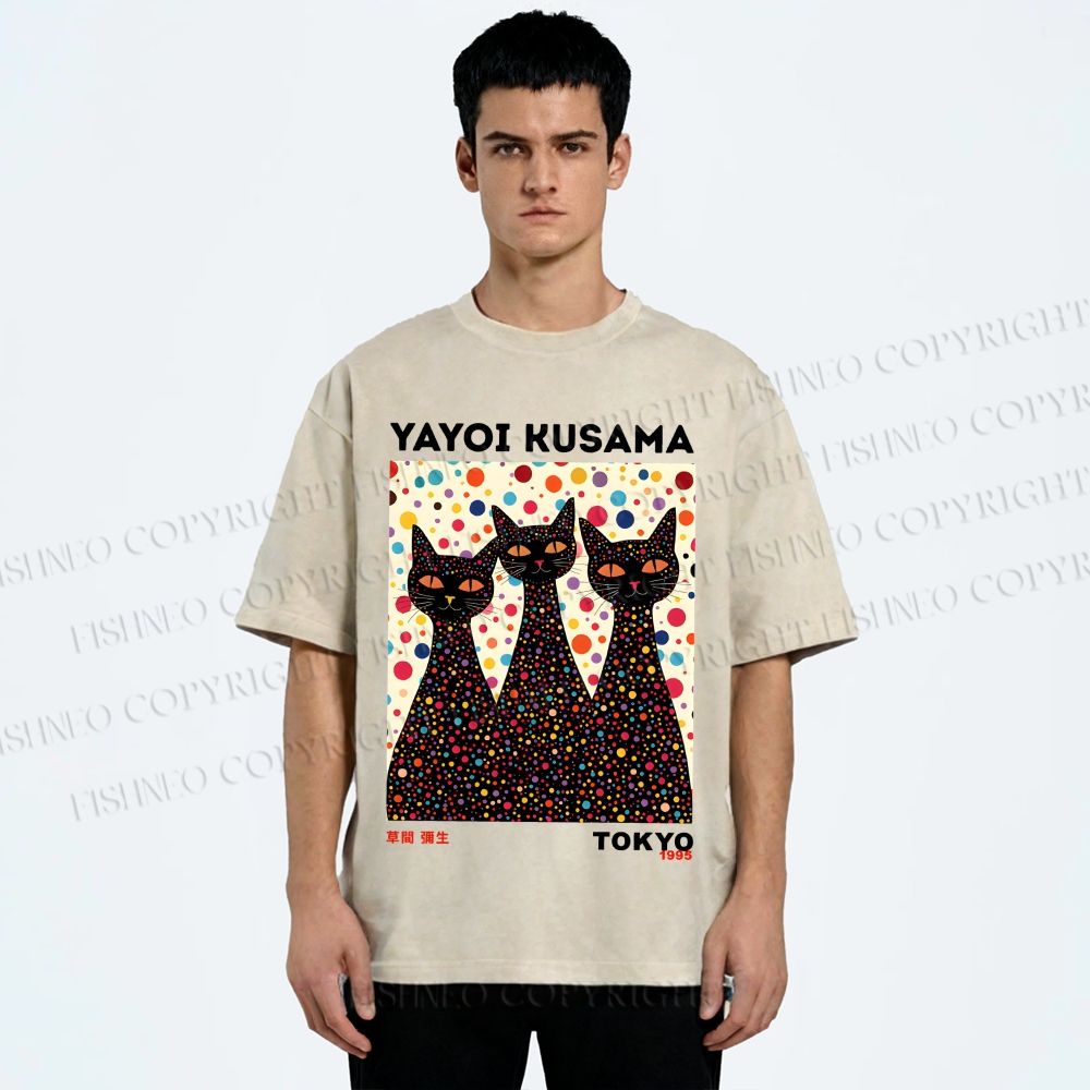 Unisex Yayoi Kusama Black Cats With Dots Printed Washed Tee